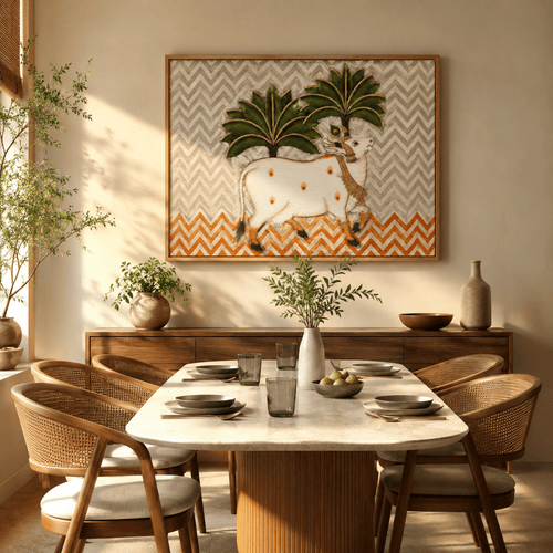 Golden Hooves: Contemporary Indian Folk Art Pichwai Cow Painting (36 x 24 Inches)