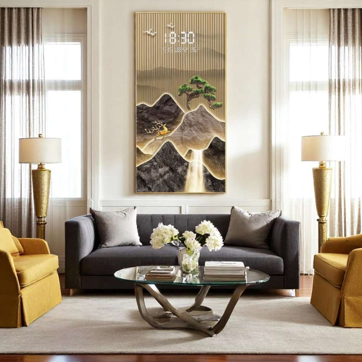 Golden Stag & Pine Tree LED Illuminated Mountain Scroll (60 x 120 CM)