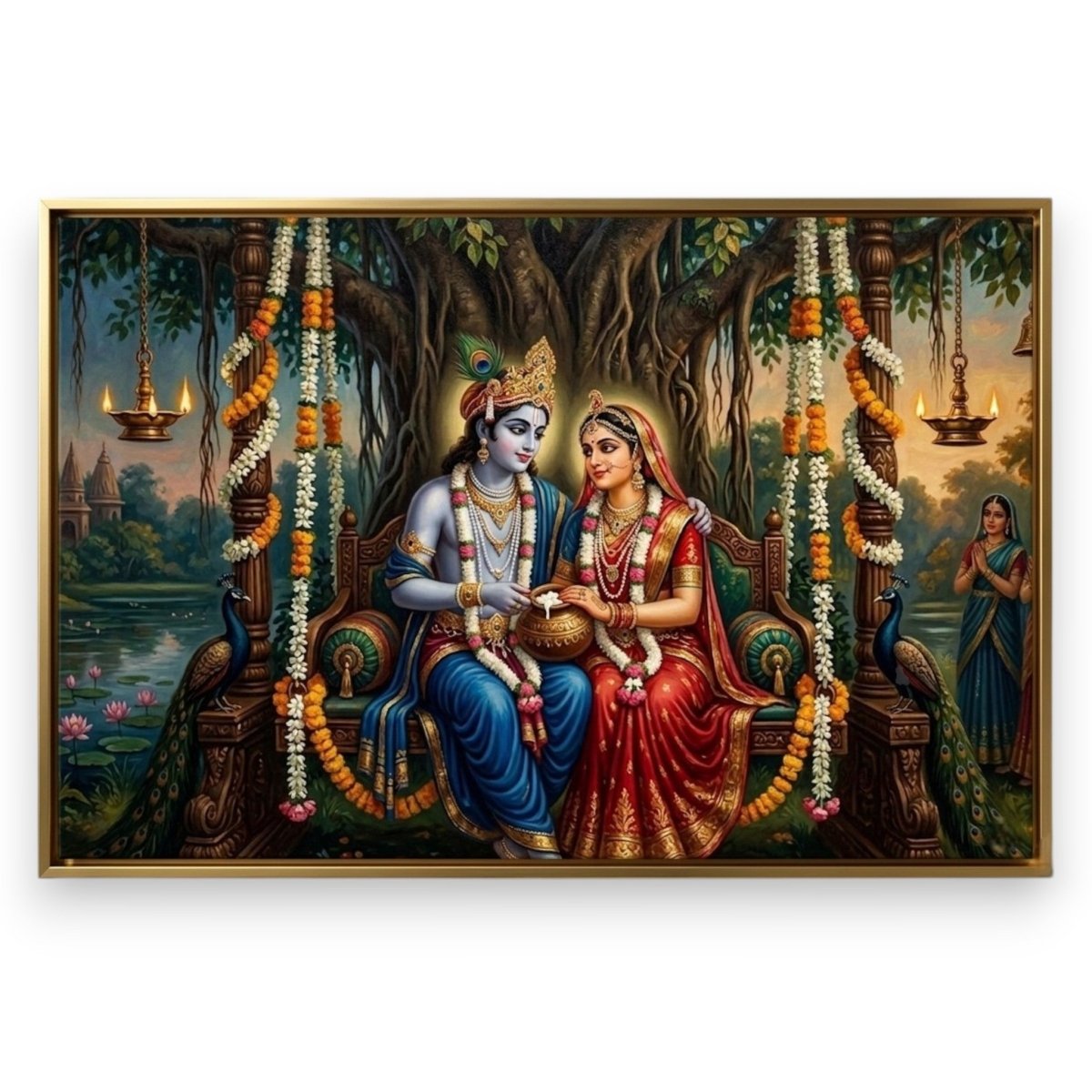 Gopi Prem Sakshi: Radha Krishna’s Lotus Pond Darshan (36 x 24 Inches)