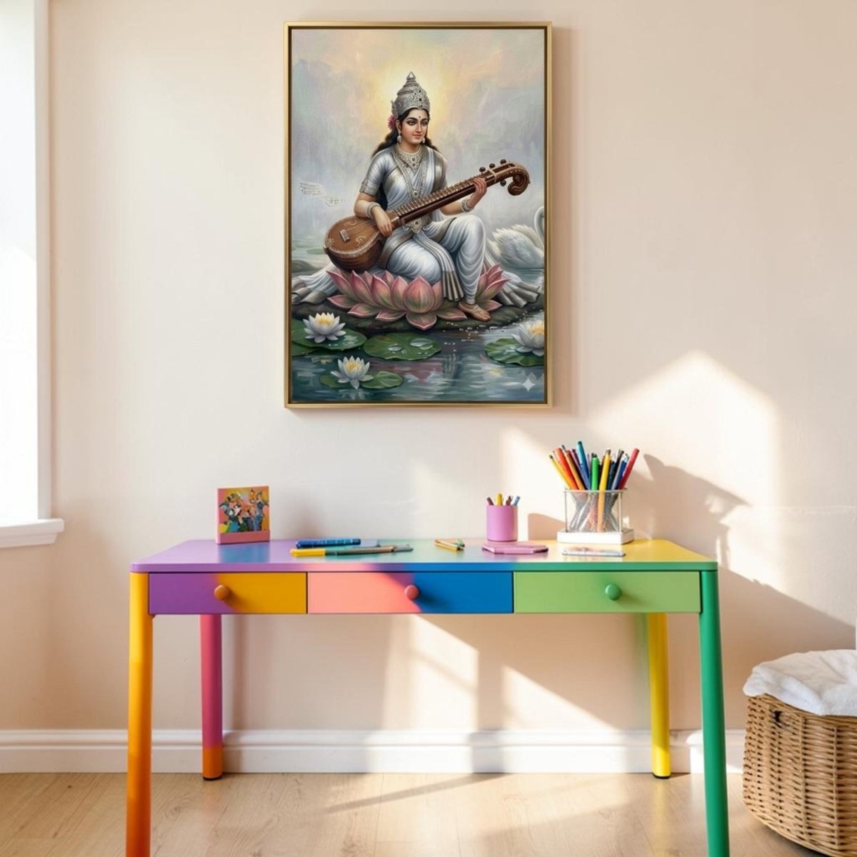 Hansa Vahini: The Serene Grace of Goddess Saraswati (24 x 36 Inches)
