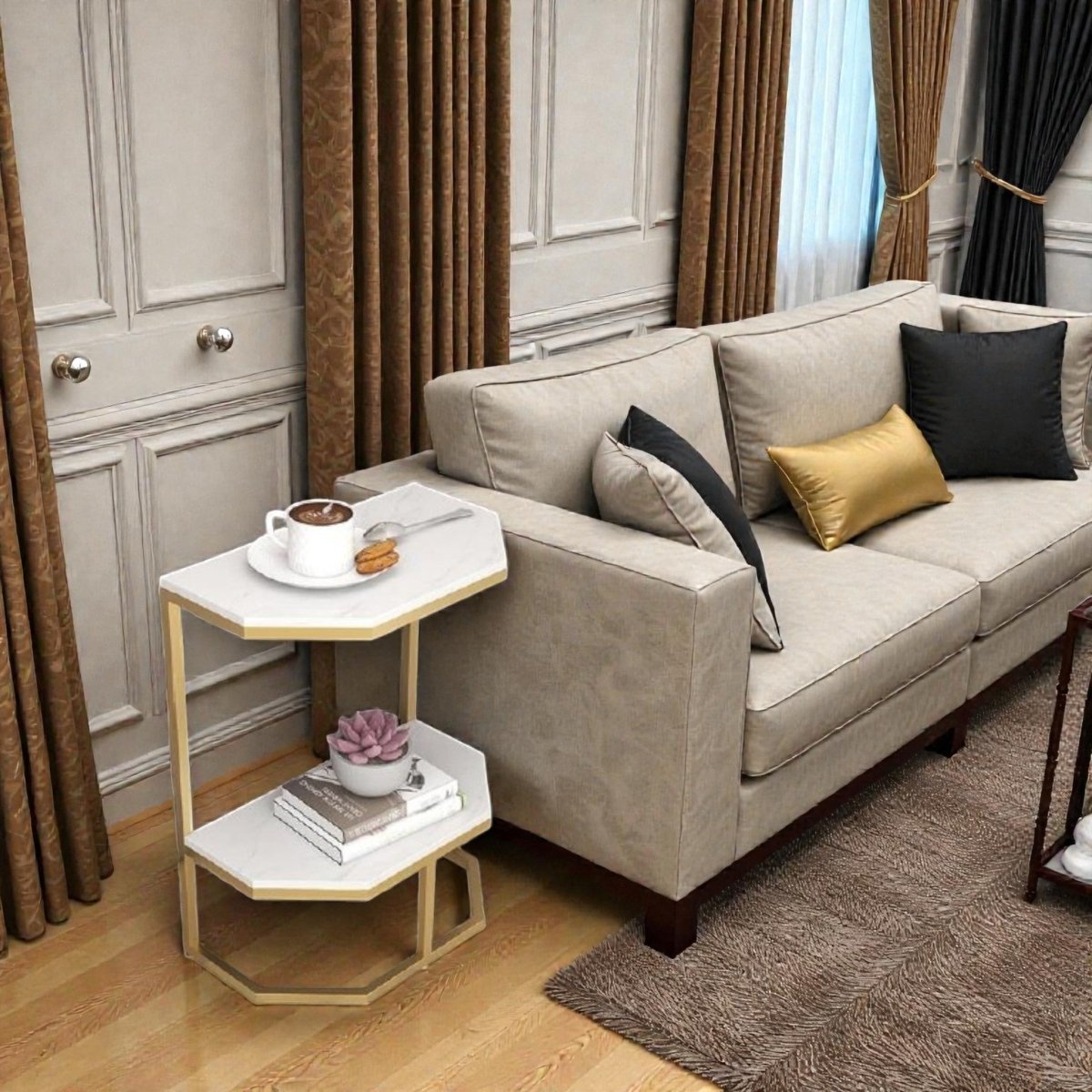 Hexa Stone Black and Gold Geometric Side Table