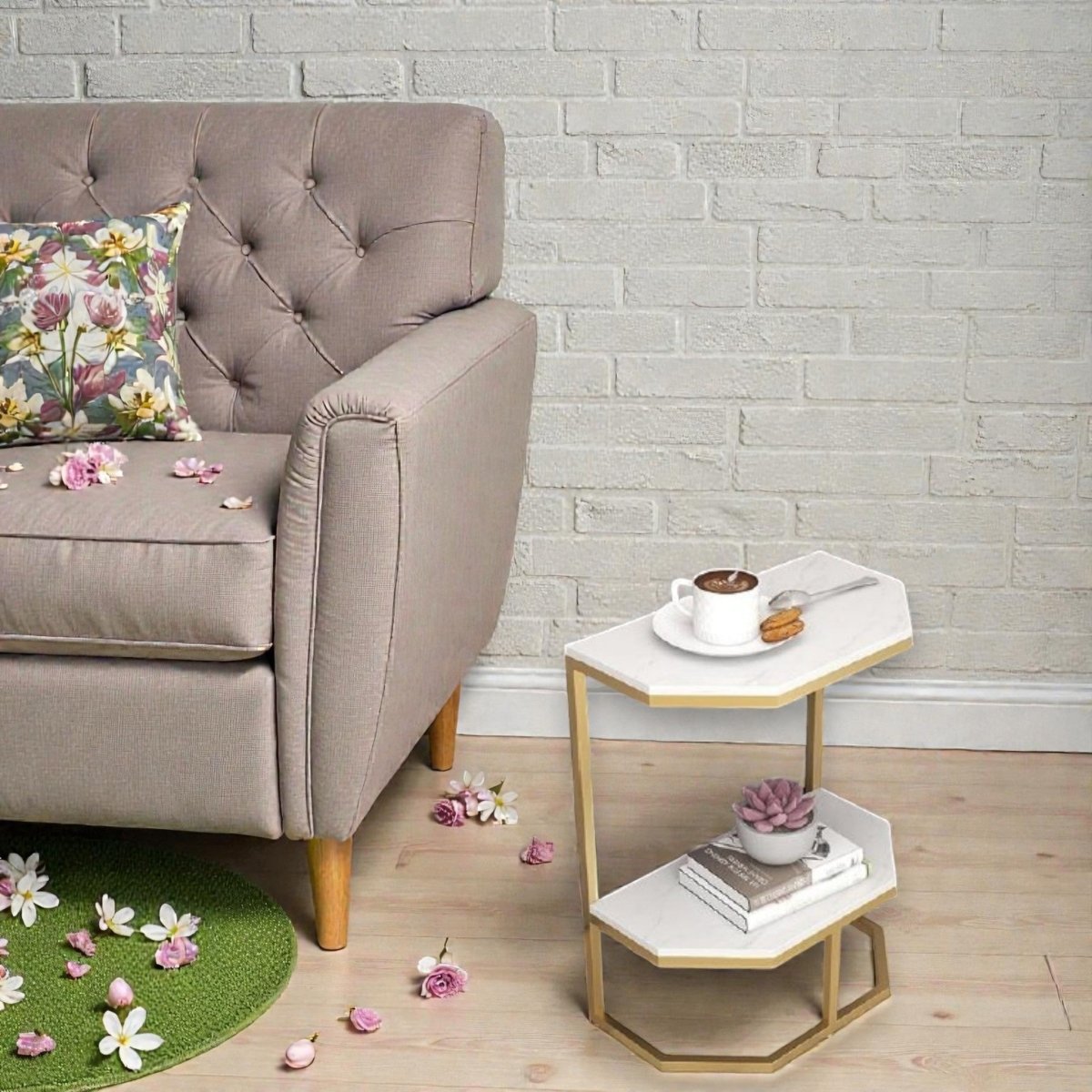 Hexa Stone Black and Gold Geometric Side Table