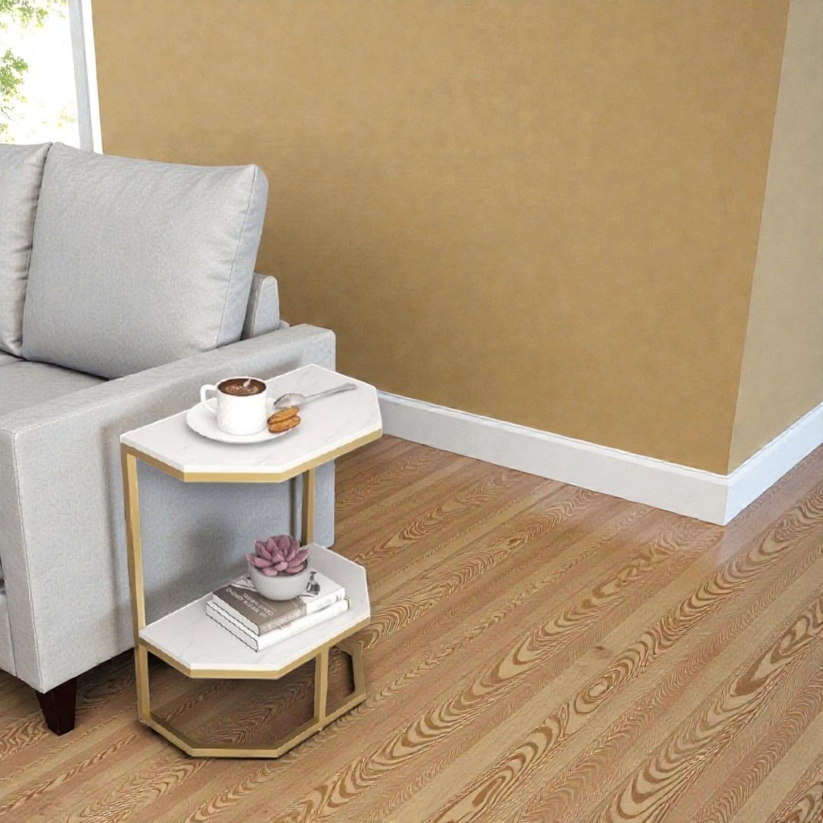 Hexa Stone Black and Gold Geometric Side Table