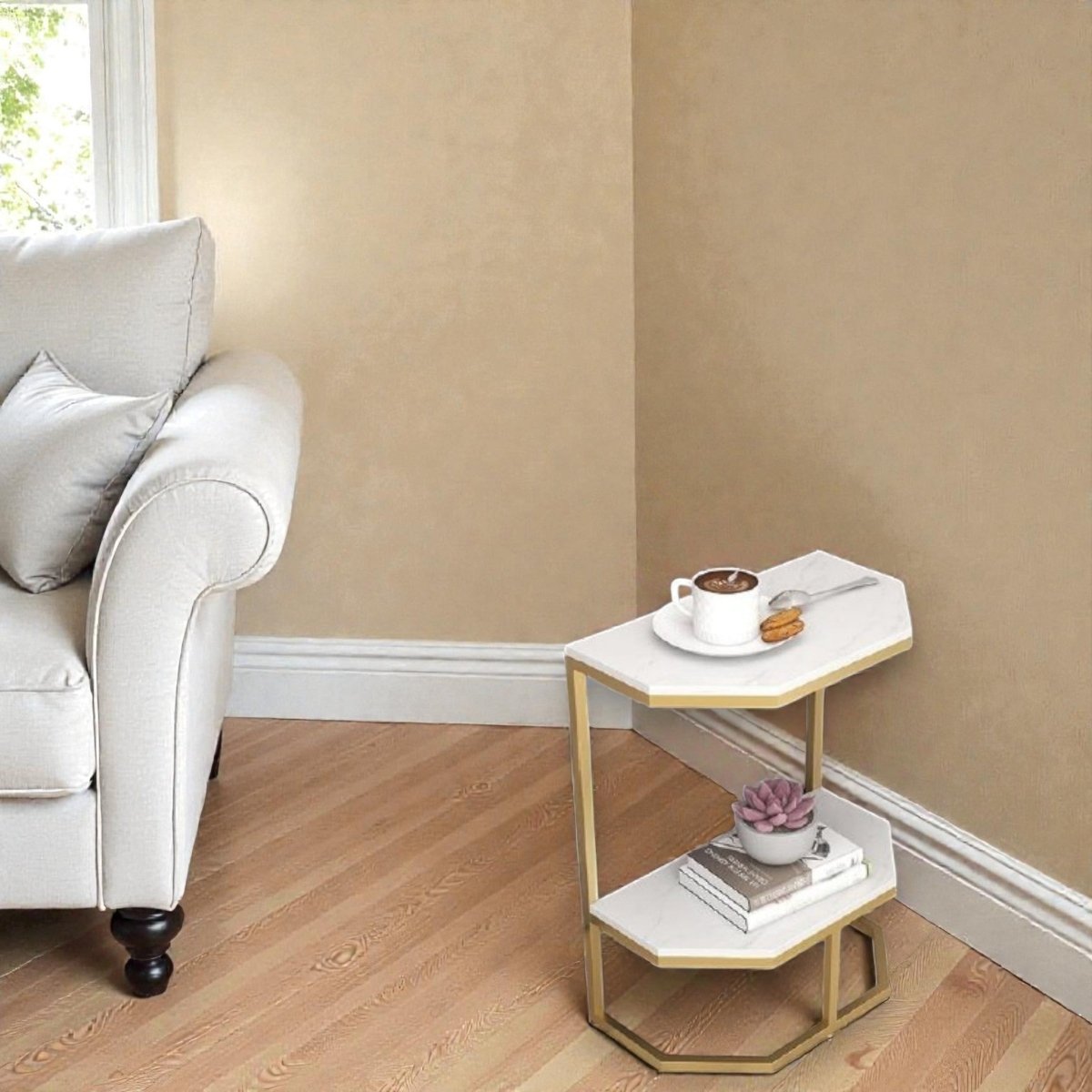 Hexa Stone Black and Gold Geometric Side Table