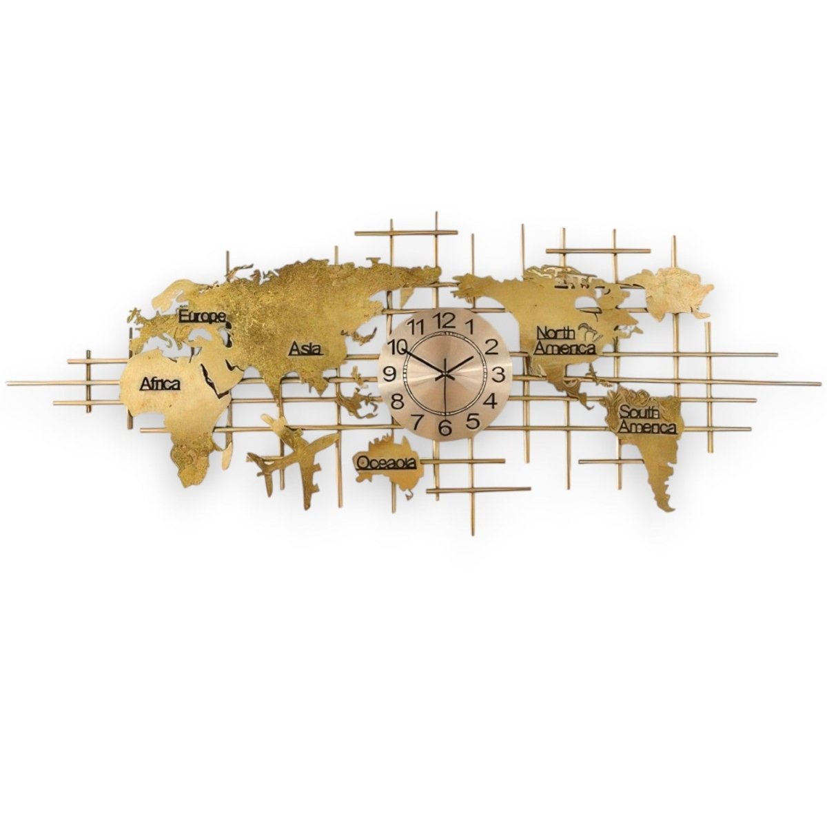 Horizons & Hours:Gold Metal World Map Wall Clock (59 x 20 Inches)