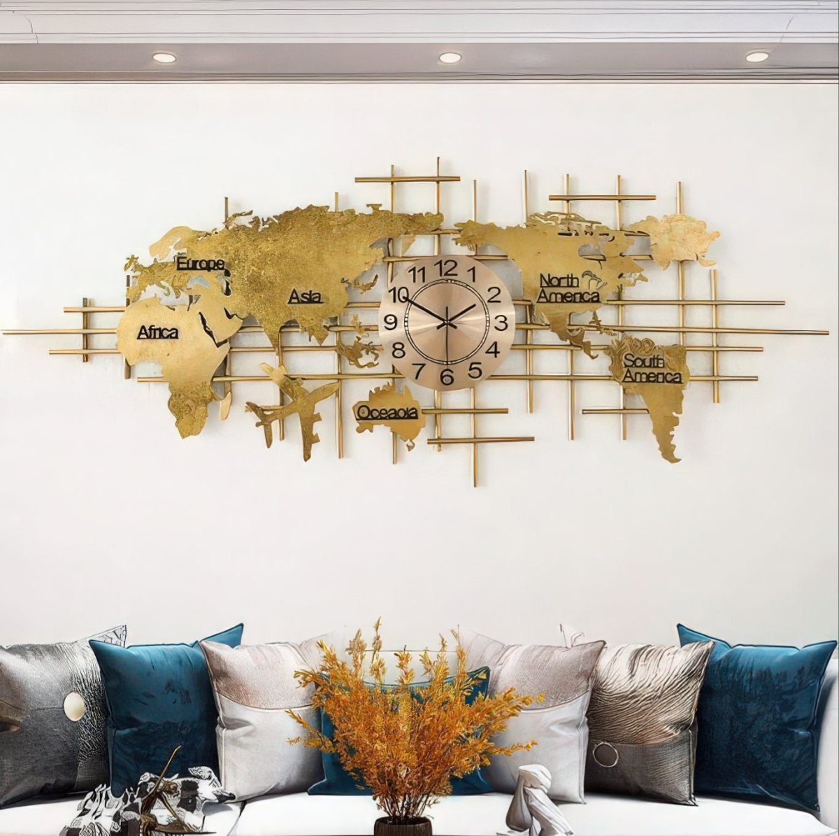 Horizons & Hours:Gold Metal World Map Wall Clock (59 x 20 Inches)