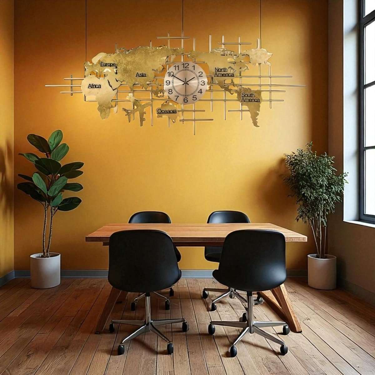 Horizons & Hours:Gold Metal World Map Wall Clock (59 x 20 Inches)