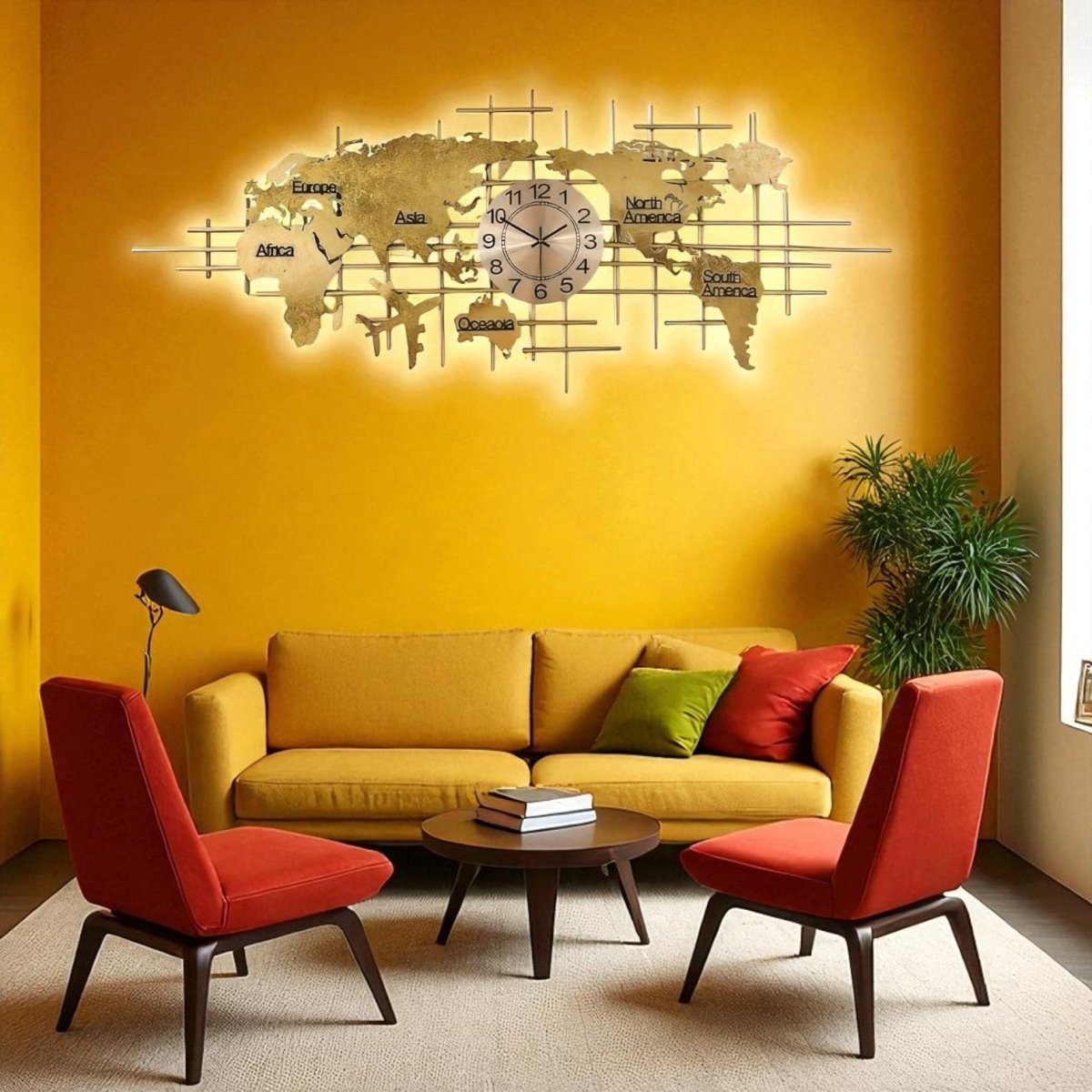 Horizons & Hours:Gold Metal World Map Wall Clock (59 x 20 Inches)