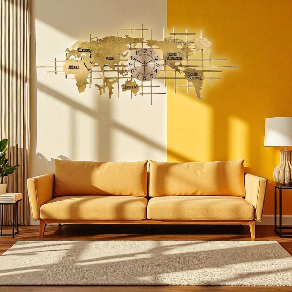 Horizons & Hours:Gold Metal World Map Wall Clock (59 x 20 Inches)