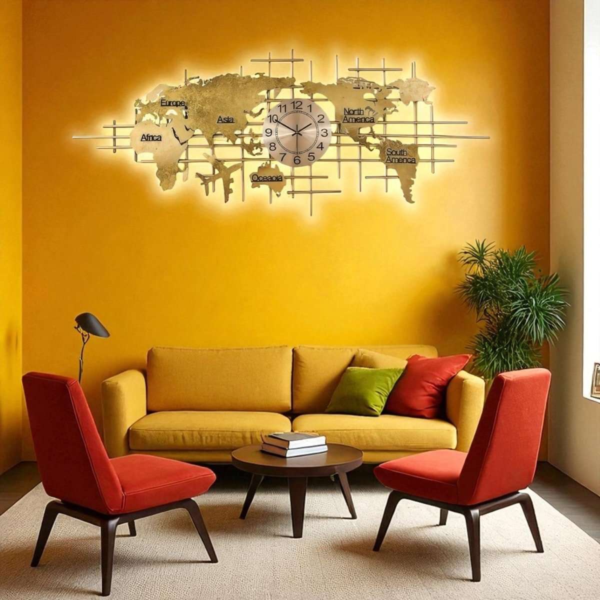 Horizons & Hours:Gold Metal World Map Wall Clock (59 x 20 Inches)