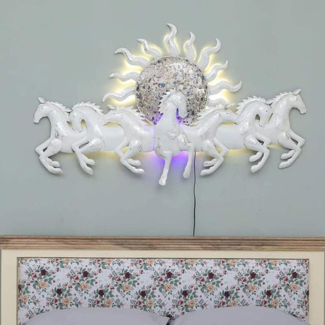 Iron painted 7 horse with sun wall hanging with led (57 x 33 Inches)