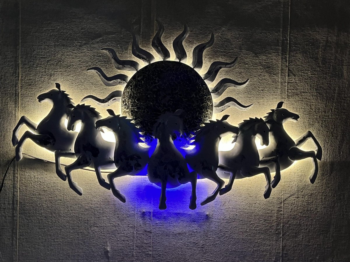 Iron painted 7 horse with sun wall hanging with led (57 x 33 Inches)