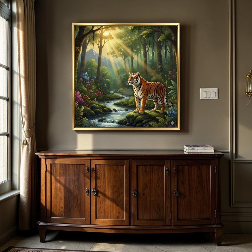 Jungle Majesty: Golden Tiger Spirit in the Morning Mist ( 36 x 36 Inches )