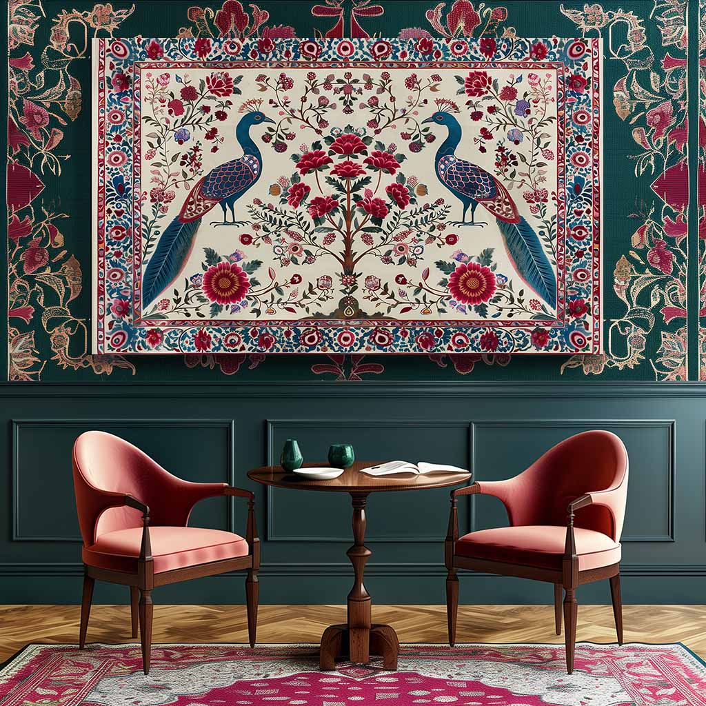 Kalamkari Painting: Peacock Paradise Canvas Wall Art (36 x 24 Inches)