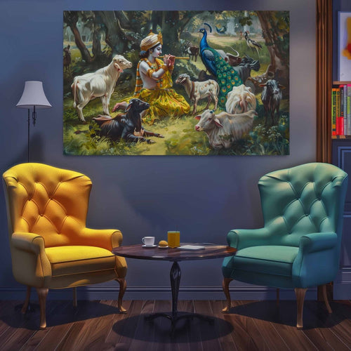 Krishna : Song of the Woodlands Canvas Wall Painting (36 x 24 Inches)