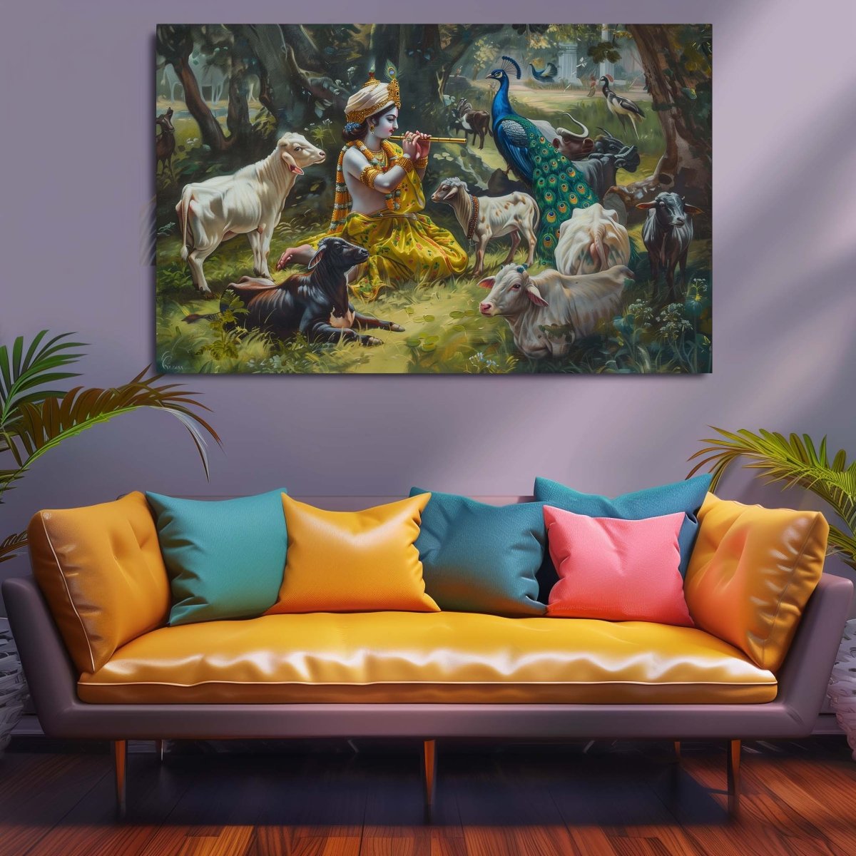 Krishna : Song of the Woodlands Canvas Wall Painting (36 x 24 Inches)