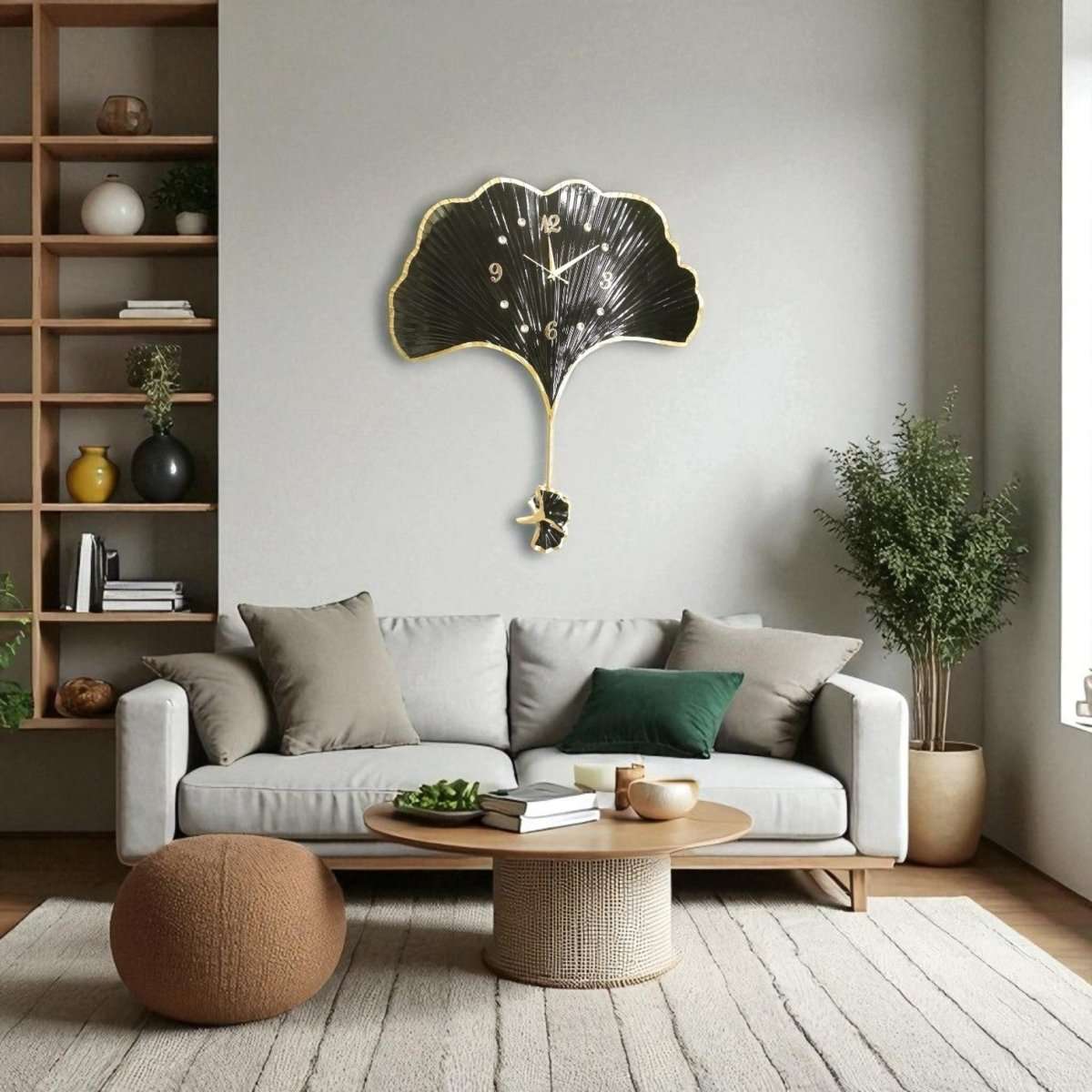 LIFETIME GINKGO LEAF Wall Clock in BLACK (26.5 x 30 Inches)