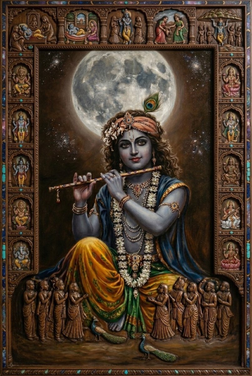Lord Krishna’s Divine Flute Under the Full Moon (24 x 36 Inches)