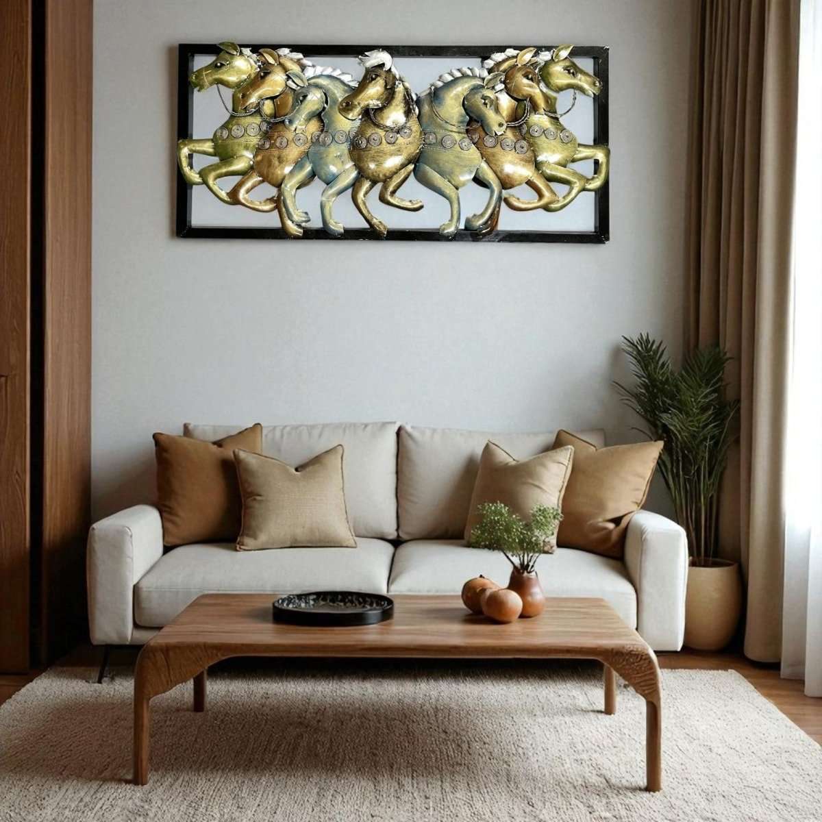 Luxury Metal Running Horses Vastu Wall Decor for Home & Office (40 x 18 Inches)