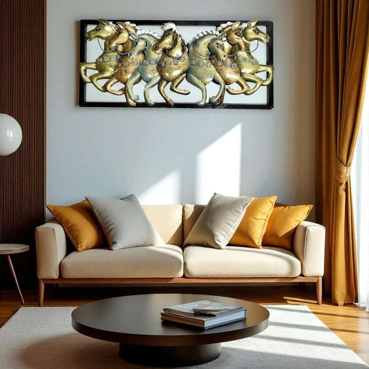 Luxury Metal Running Horses Vastu Wall Decor for Home & Office (40 x 18 Inches)
