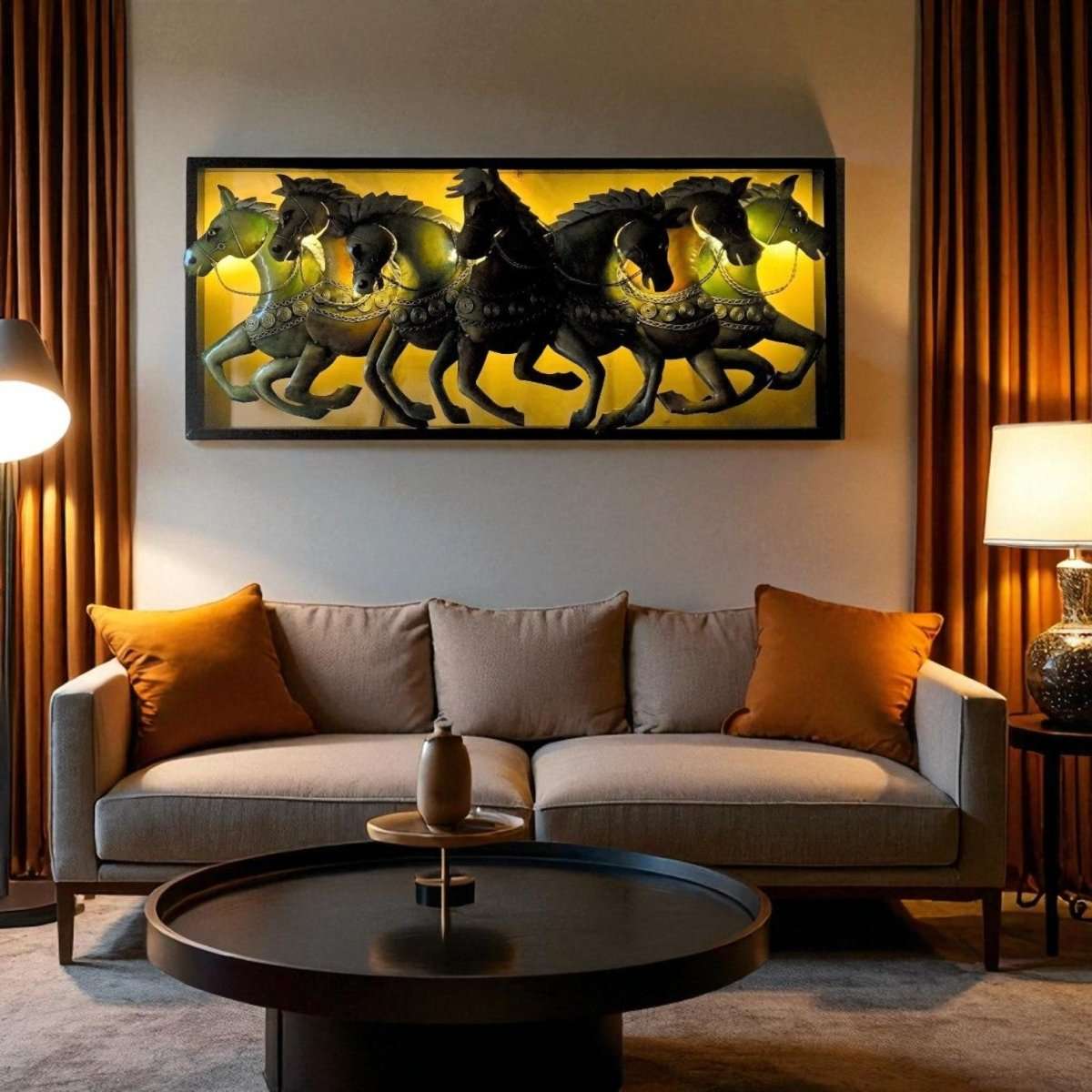 Luxury Metal Running Horses Vastu Wall Decor for Home & Office (40 x 18 Inches)