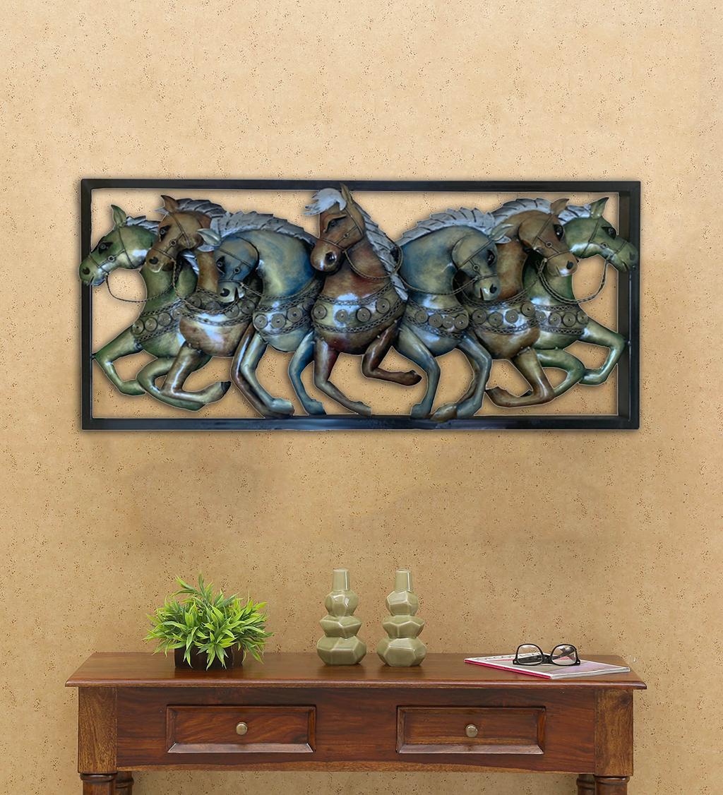 Luxury Metal Running Horses Vastu Wall Decor for Home & Office (40 x 18 Inches)