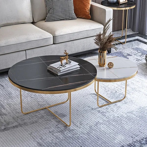 Luxury Nesting Coffee Tables: Black & white Marble Tops with Gold Metal Base