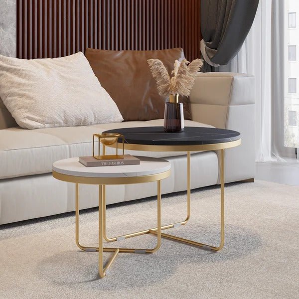 Luxury Nesting Coffee Tables: Black & white Marble Tops with Gold Metal Base