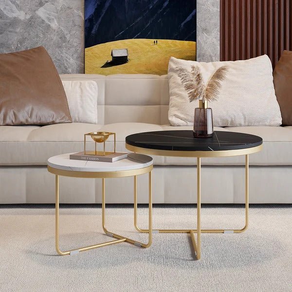 Luxury Nesting Coffee Tables: Black & white Marble Tops with Gold Metal Base