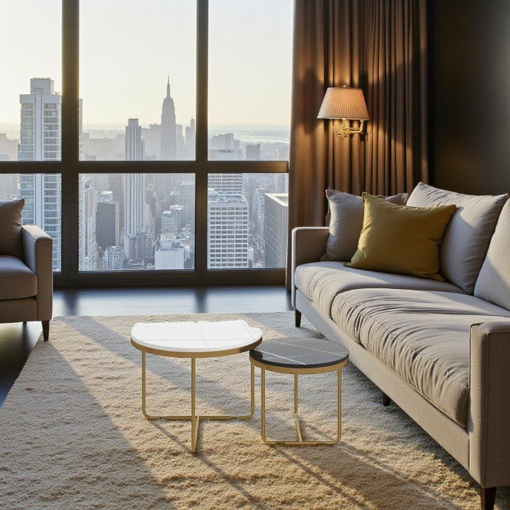 Luxury Nesting Coffee Tables: Black & white Marble Tops with Gold Metal Base