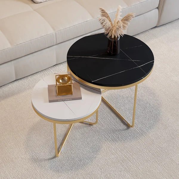 Luxury Nesting Coffee Tables: Black & white Marble Tops with Gold Metal Base