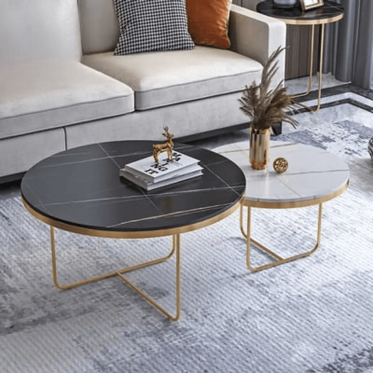 Luxury Nesting Coffee Tables: Black & white Marble Tops with Gold Metal Base