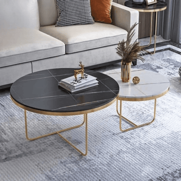 Luxury Nesting Coffee Tables: Black & white Marble Tops with Gold Metal Base