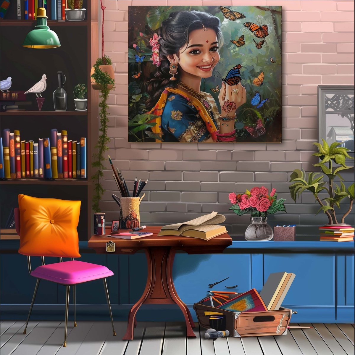 Maharashtrian:The Fairy and The Butterfly Canvas Wall Painting (36 x36 Inches)