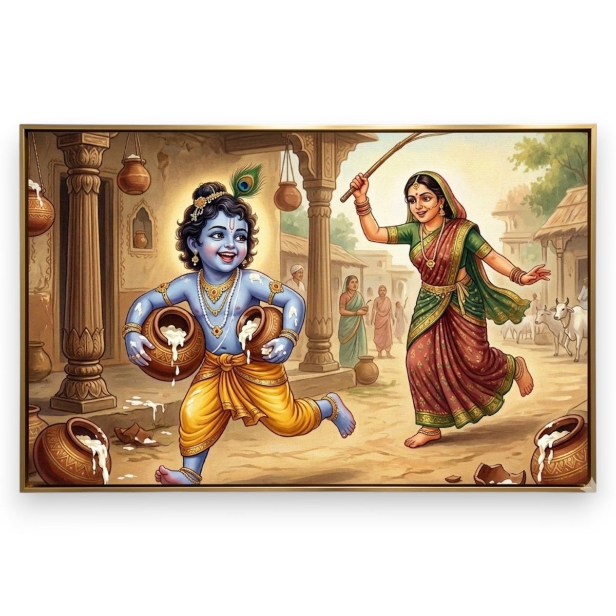 Makhan Chor Leela: Bal Gopal with Butter Pots Art (36 x 24 Inches)