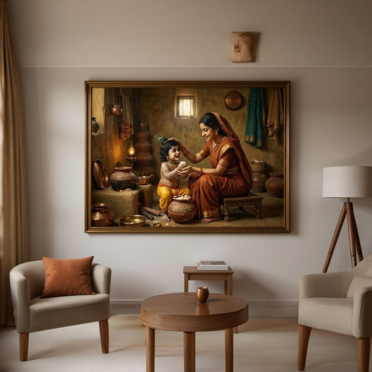 Makhan Chor: Nanda - Lala’s Joy: Realistic Yashoda Krishna Painting in Rural India Theme (36 x 24 Inches)