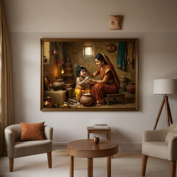Makhan Chor: Nanda - Lala’s Joy: Realistic Yashoda Krishna Painting in Rural India Theme (36 x 24 Inches)