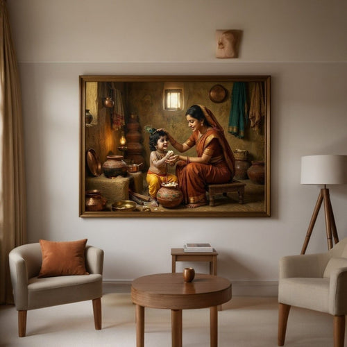 Makhan Chor: Nanda - Lala’s Joy: Realistic Yashoda Krishna Painting in Rural India Theme (36 x 24 Inches)