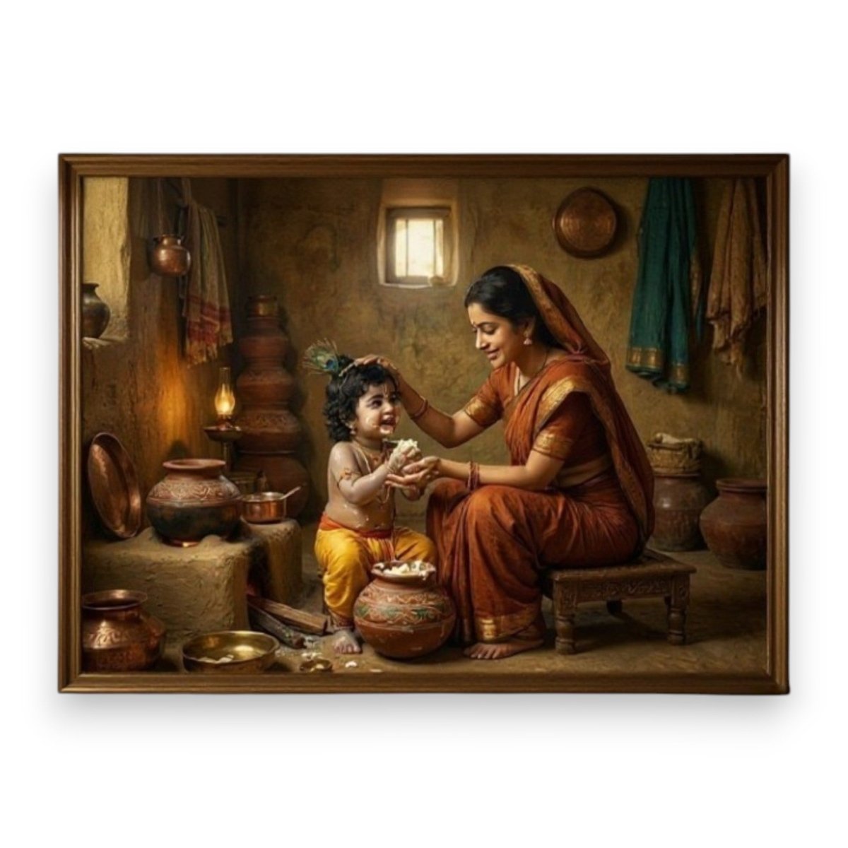 Makhan Chor: Nanda - Lala’s Joy: Realistic Yashoda Krishna Painting in Rural India Theme (36 x 24 Inches)