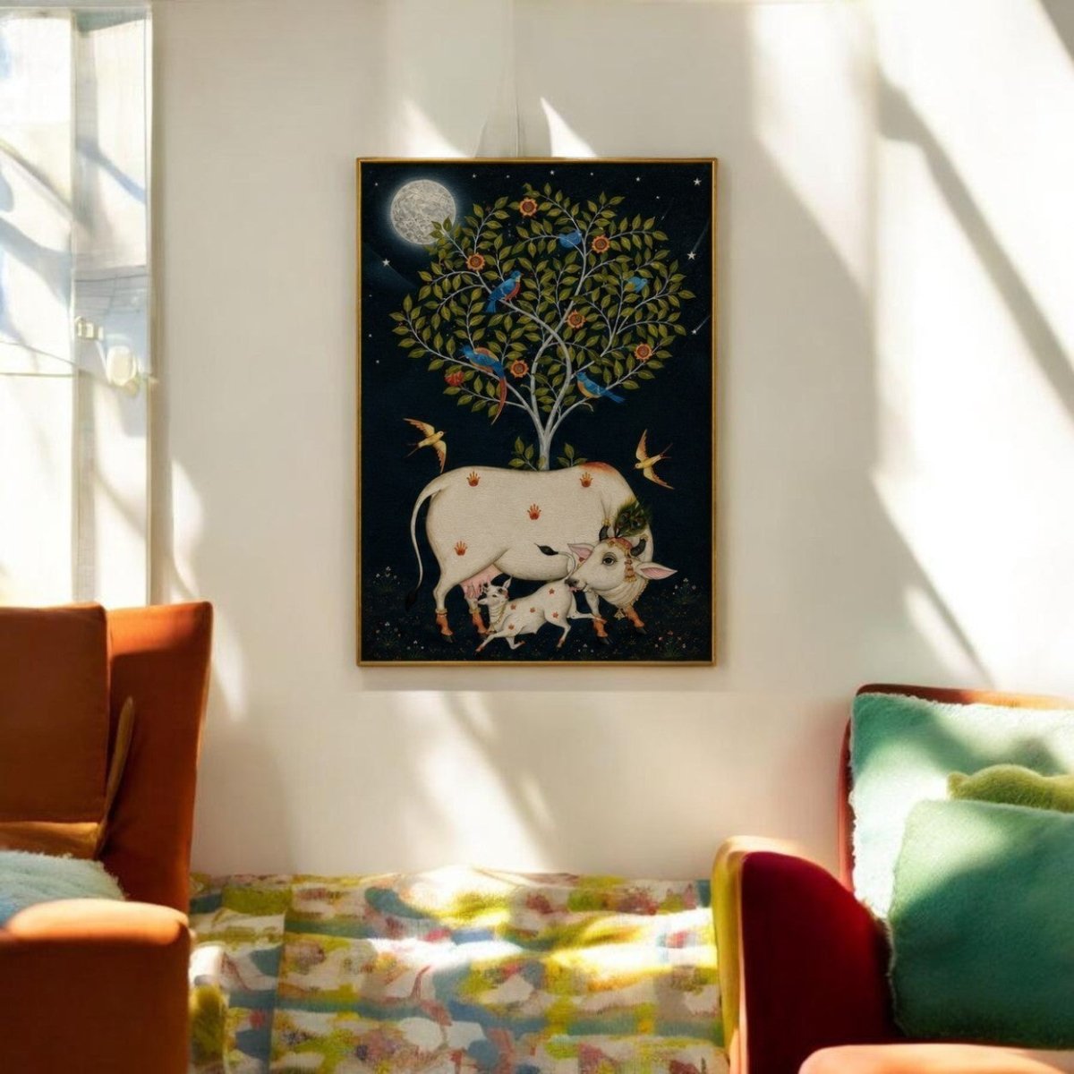 Maternal Devotion: Traditional Pichwai Cow and Calf Painting under Full Moon (24 x 36 Inches)