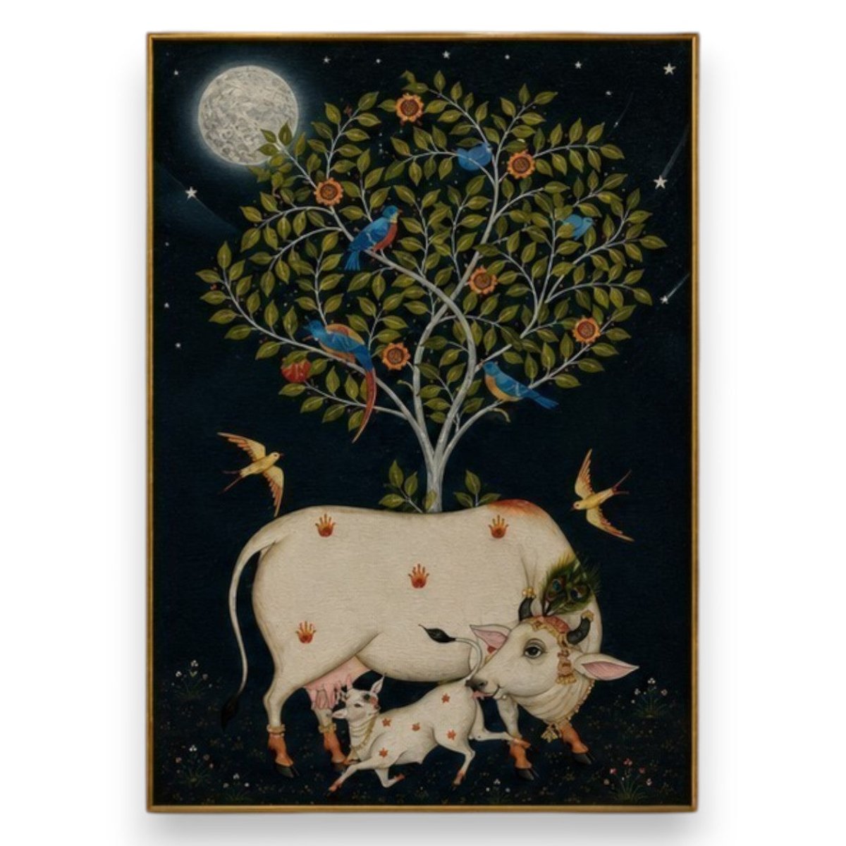 Maternal Devotion: Traditional Pichwai Cow and Calf Painting under Full Moon (24 x 36 Inches)