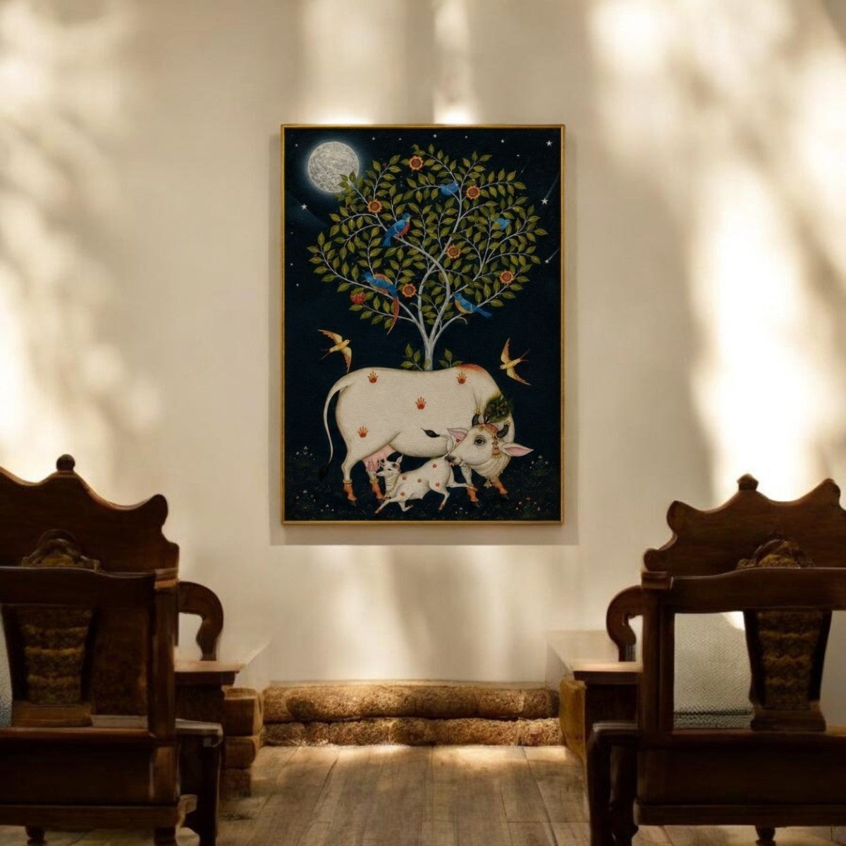 Maternal Devotion: Traditional Pichwai Cow and Calf Painting under Full Moon (24 x 36 Inches)