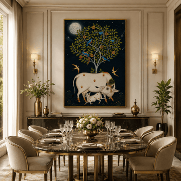 Maternal Devotion: Traditional Pichwai Cow and Calf Painting under Full Moon (24 x 36 Inches)