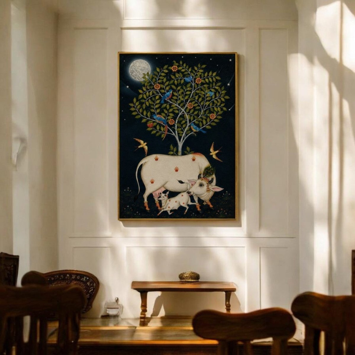 Maternal Devotion: Traditional Pichwai Cow and Calf Painting under Full Moon (24 x 36 Inches)
