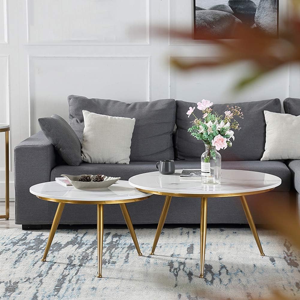 Metalkart Circular Nesting Coffee Tables with White Marble Tops