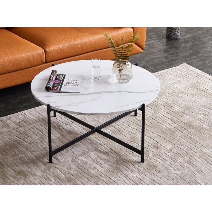 Metalkart Modern Round Marble Coffee Table with Black Metal Legs