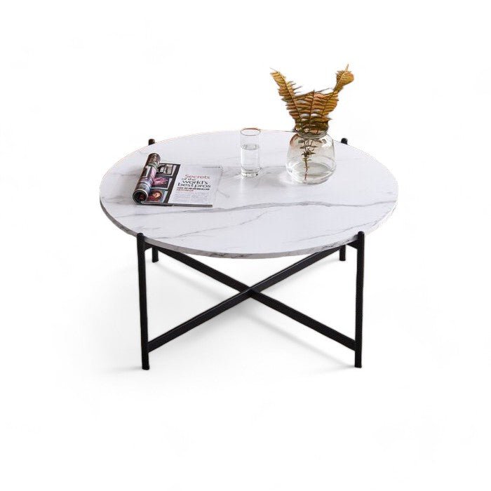 Metalkart Modern Round Marble Coffee Table with Black Metal Legs