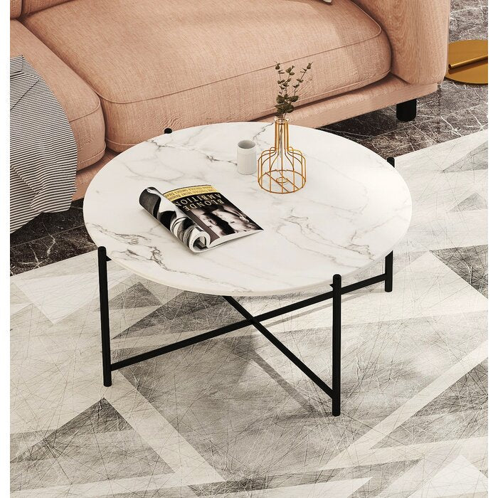 Metalkart Modern Round Marble Coffee Table with Black Metal Legs