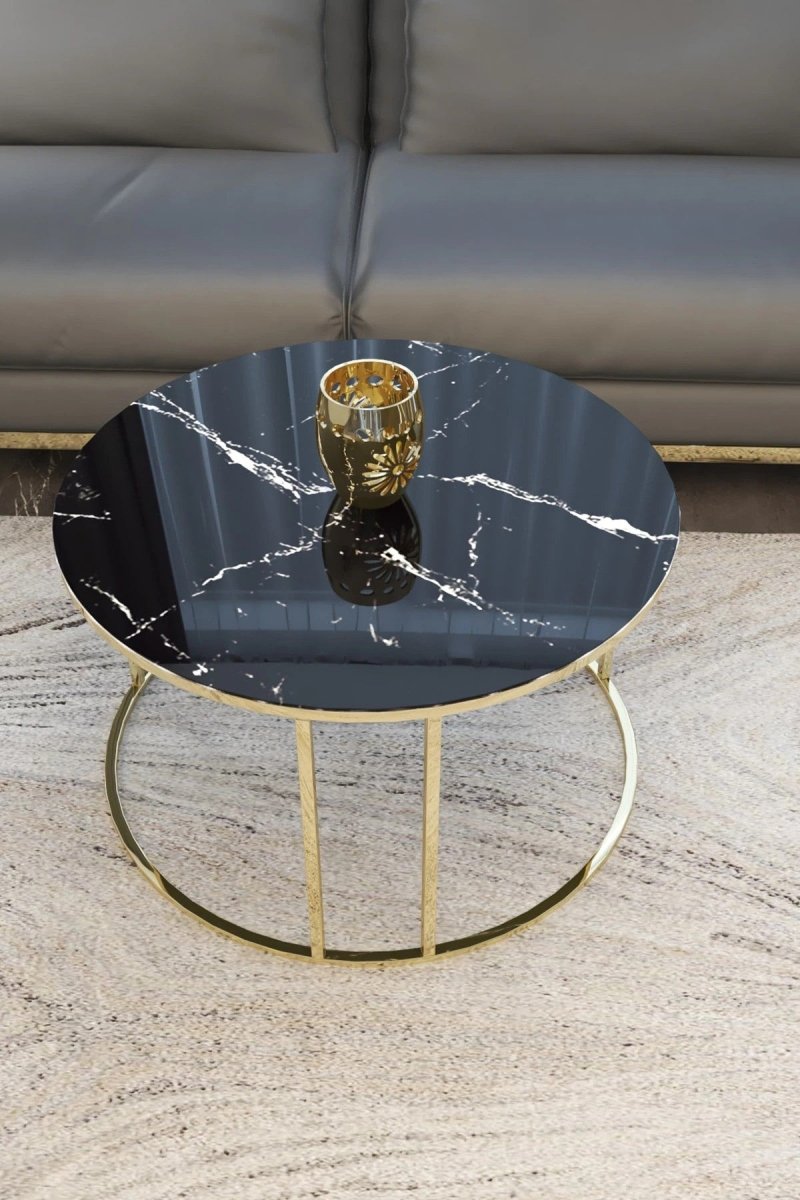 Metalkart Special Black Marble Top Round Coffee Table with Gold Frame