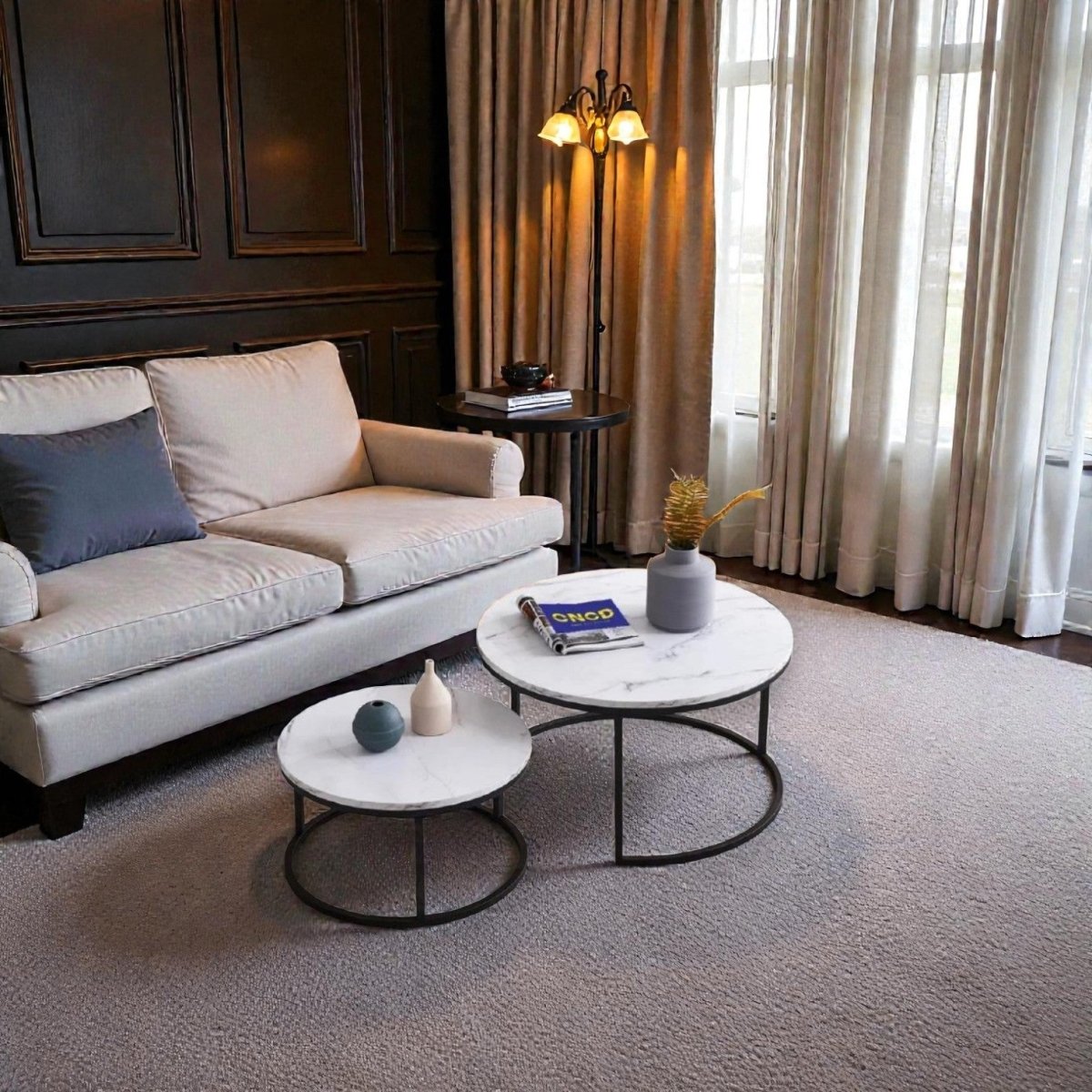 Mid - Century Modern Nesting Tables with White Marble Tops